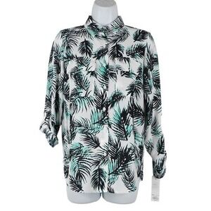 Apt 9 Top Womens XS White Black‎ Long Roll Tab Sleeve Palm Leaf Print Button Up